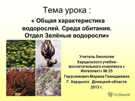 Тема урока : « Общая характеристика водорослей. Среда обитания. Отдел Зелёные водоросли» Учитель биологии Харцызского учебно- воспитательного комплекса.