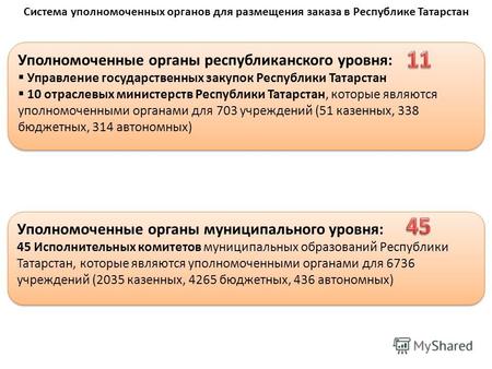 Система уполномоченных органов для размещения заказа в Республике Татарстан Уполномоченные органы республиканского уровня: Управление государственных закупок.
