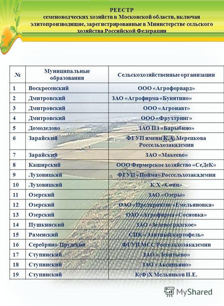РЕЕСТР семеноводческих хозяйств в Московской области, включая элитопроизводящие, зарегистрированные в Министерстве сельского хозяйства Российской Федерации.
