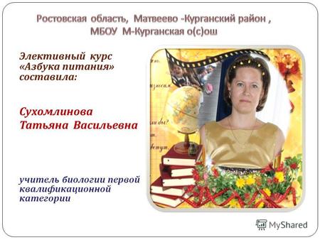 Элективный курс « Азбука питания » составила : Сухомлинова Татьяна Васильевна учитель биологии первой квалификационной категории.