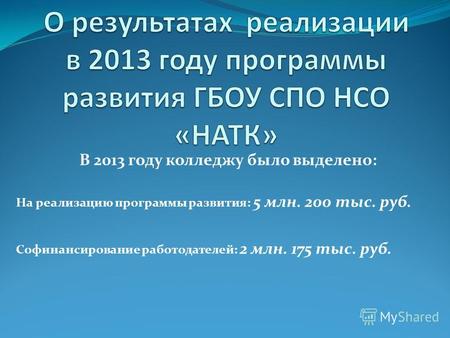 В 2013 году колледжу было выделено: На реализацию программы развития: 5 млн. 200 тыс. руб. Софинансирование работодателей: 2 млн. 175 тыс. руб.