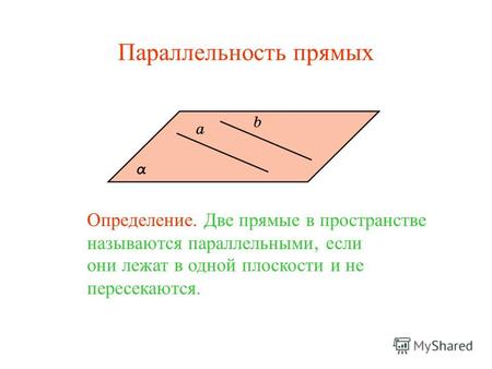 Определение. Две прямые в пространстве называются параллельными, если они лежат в одной плоскости и не пересекаются. Параллельность прямых.