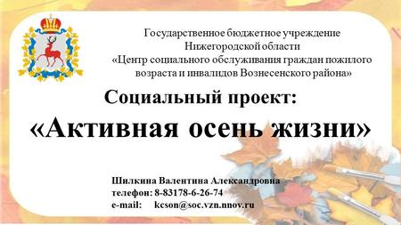 Социальный проект: «Активная осень жизни» Шилкина Валентина Александровна телефон: Государственное бюджетное.