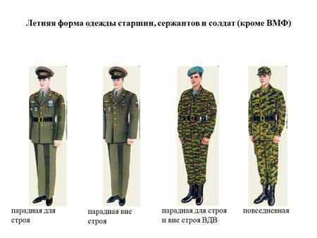 Летняя форма одежды старшин, сержантов и солдат (кроме ВМФ) парадная для строя парадная вне строя парадная для строя и вне строя ВДВ повседневная.