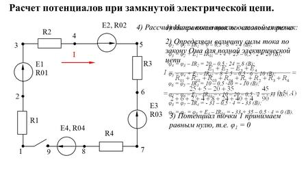 1) Направляем ток по часовой стрелке 2) Определяем величину силы тока по закону Ома для полной электрической цепи 3) Потенциал точки 1 принимаем равным.