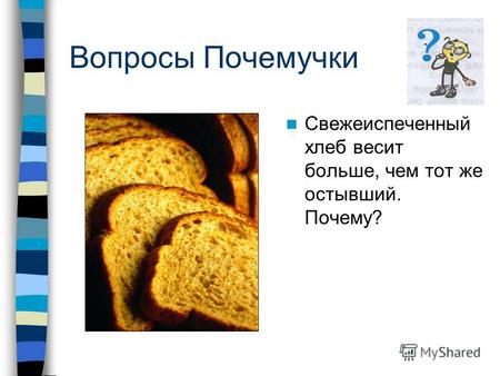 Вопросы Почемучки Свежеиспеченный хлеб весит больше, чем тот же остывший. Почему?