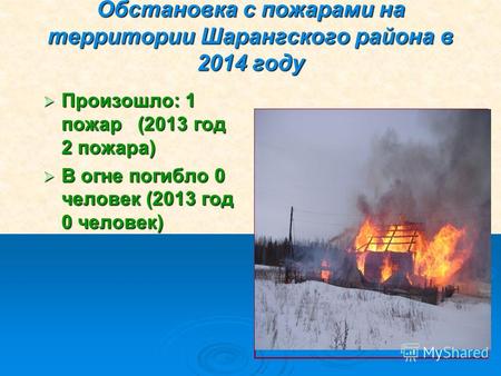 Обстановка с пожарами на территории Шарангского района в 2014 году Произошло: 1 пожар (2013 год 2 пожара) Произошло: 1 пожар (2013 год 2 пожара) В огне.