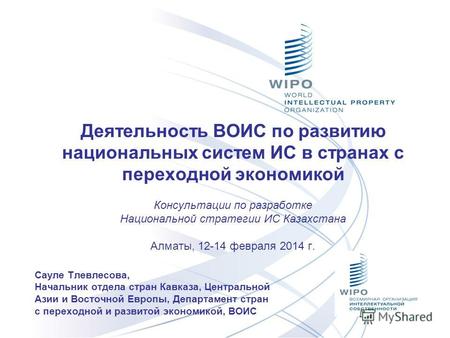 Деятельность ВОИС по развитию национальных систем ИС в странах с переходной экономикой Консультации по разработке Национальной стратегии ИС Казахстана.