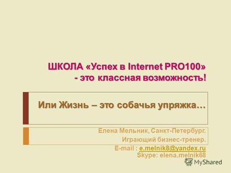 ШКОЛА «Успех в Internet PRO100» - это классная возможность! Или Жизнь – это собачья упряжка… Елена Мельник, Санкт-Петербург. Играющий бизнес-тренер. E-mail.