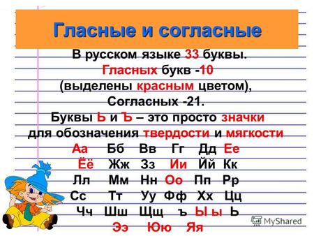 Гласные и согласные В русском языке 33 буквы. Гласных букв -10 (выделены красным цветом), Согласных -21. Буквы Ь и Ъ – это просто значки для обозначения.