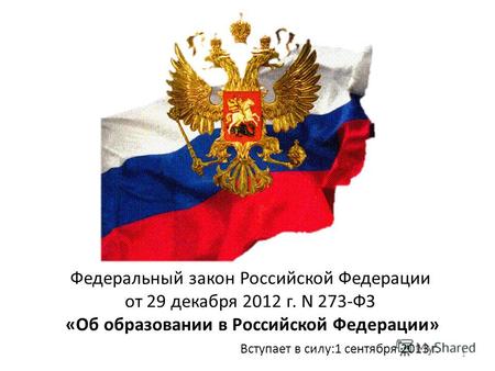1 Федеральный закон Российской Федерации от 29 декабря 2012 г. N 273-ФЗ «Об образовании в Российской Федерации» Вступает в силу:1 сентября 2013 г.