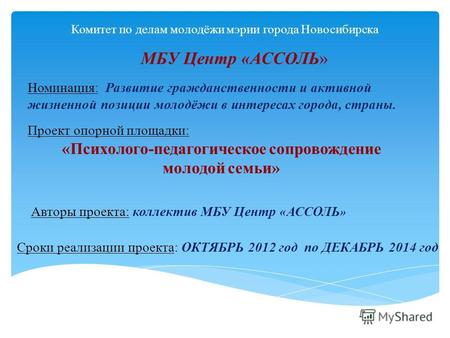 Комитет по делам молодёжи мэрии города Новосибирска МБУ Центр «АССОЛЬ» Номинация: Развитие гражданственности и активной жизненной позиции молодёжи в интересах.