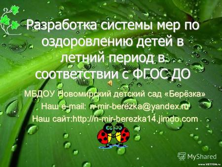 Разработка системы мер по оздоровлению детей в летний период в соответствии с ФГОС ДО МБДОУ Новомирский детский сад «Берёзка» Наш e-mail: n-mir-berezka@yandex.ru.