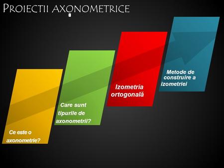 Ce este o axonometrie? Metode de construire a izometriei Izometria ortogonală P ROIECTII AXONOMETRICE Care sunt tipurile de axonometrii?