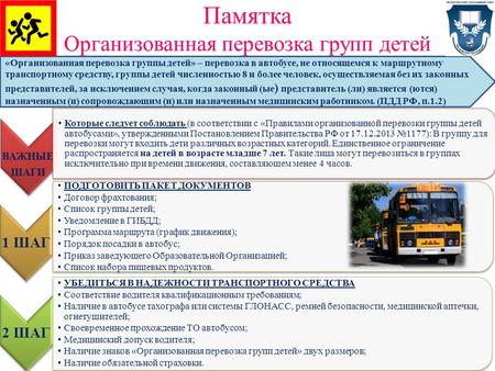 Памятка Организованная перевозка групп детей ВАЖНЫЕ ШАГИ Которые следует соблюдать (в соответствии с «Правилами организованной перевозки группы детей автобусами»,