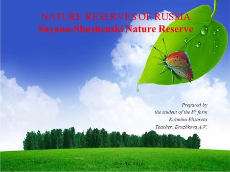 NATURE RESERVES OF RUSSIA Sayano-Shushenski Nature Reserve Prepared by the student of the 8 th form Kuzmina Elizaveta Teacher: Druzhkova A.V. Snovitsi,