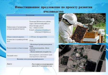 Инвестиционное предложение по проекту развития пчеловодства Показатели Информация об организации, которая продвигает проект Хокимият Вабкенсткого района.