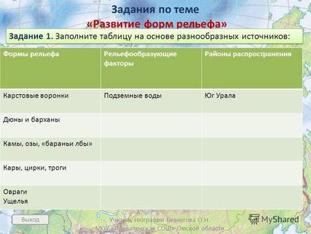 Учитель географии Безногова О.Н. МОУ «Приваленская СОШ» Омской области Задания по теме «Развитие форм рельефа» Задание 1. Заполните таблицу на основе разнообразных.