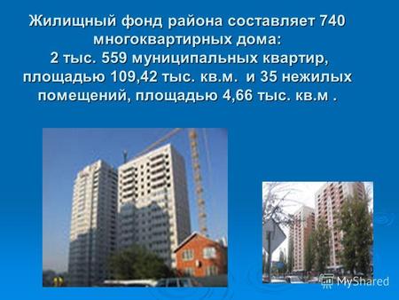 Жилищный фонд района составляет 740 многоквартирных дома: 2 тыс. 559 муниципальных квартир, площадью 109,42 тыс. кв.м. и 35 нежилых помещений, площадью.