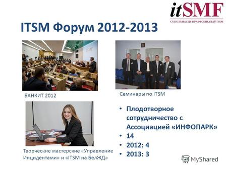 ITSM Форум 2012-2013 БАНКИТ 2012 Творческие мастерские «Управление Инцидентами» и «ITSM на БелЖД» Семинары по ITSM Плодотворное сотрудничество с Ассоциацией.