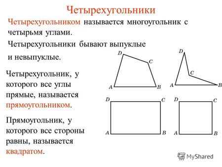 Четырехугольники Четырехугольником называется многоугольник с четырьмя углами. Четырехугольники бывают выпуклые и невыпуклые. Четырехугольник, у которого.