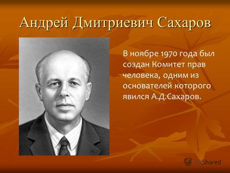 Андрей Дмитриевич Сахаров В ноябре 1970 года был создан Комитет прав человека, одним из основателей которого явился А.Д.Сахаров.