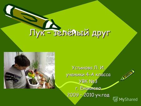 Лук – зелёный друг Устинова Л. И. ученики 4-А класса УВК 3 г. Енакиево 2009 – 2010 уч.год.