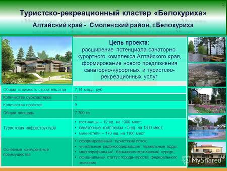1 1 Цель проекта: расширение потенциала санаторно- курортного комплекса Алтайского края, формирование нового предложения санаторно-курортных и туристско-
