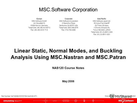 Copyright 2006 MSC.Software Corporation Linear Static, Normal Modes, and Buckling Analysis Using MSC.Nastran and MSC.Patran May 2006 NAS120 Course Notes.