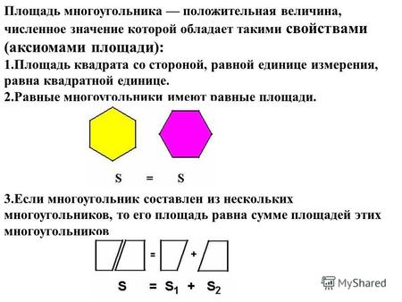Площадь многоугольника положительная величина, численное значение которой обладает такими свойствами (аксиомами площади): 1. Площадь квадрата со стороной,