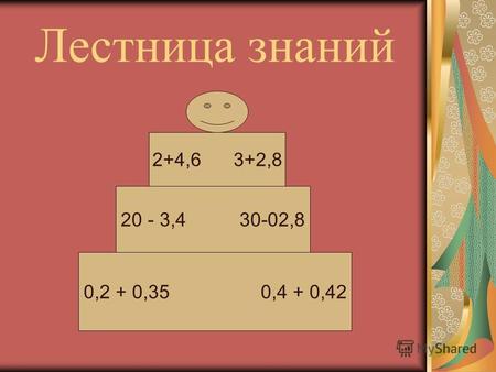Лестница знаний 0,2 + 0,35 0,4 + 0,42 20 - 3,4 30-02,8 2+4,6 3+2,8.