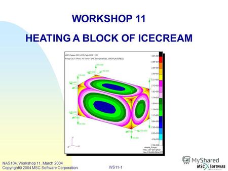 WS11-1 WORKSHOP 11 HEATING A BLOCK OF ICECREAM NAS104, Workshop 11, March 2004 Copyright 2004 MSC.Software Corporation.