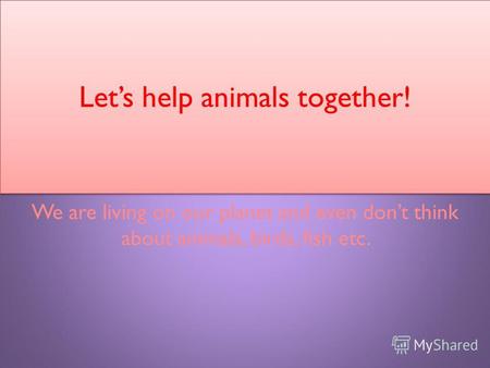 Lets help animals together! We are living on our planet and even dont think about animals, birds, fish etc.