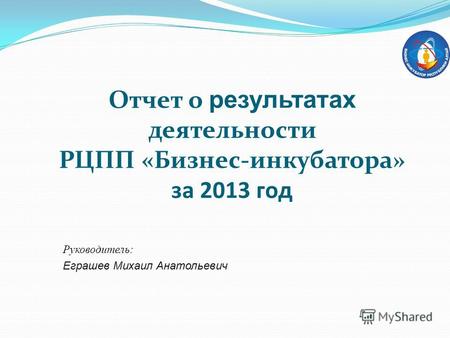 Отчет о результатах деятельности РЦПП «Бизнес-инкубатора» за 2013 год Руководитель: Еграшев Михаил Анатольевич.