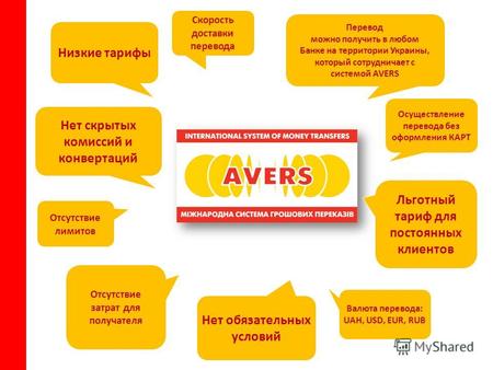 Перевод можно получить в любом Банке на территории Украины, который сотрудничает с системой AVERS Скорость доставки перевода Отсутствие лимитов Нет обязательных.