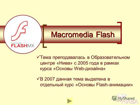 Macromedia Flash Тема преподавалась в Образовательном центре «Нива» с 2005 года в рамках курса «Основы Web-дизайна» В 2007 данная тема выделена в отдельный.