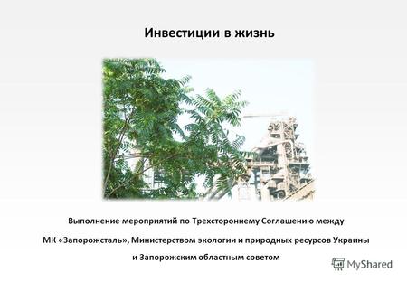 Выполнение мероприятий по Трехстороннему Соглашению между МК «Запорожсталь», Министерством экологии и природных ресурсов Украины и Запорожским областным.
