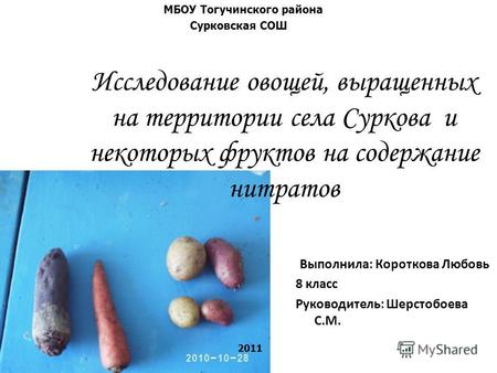 Исследование овощей, выращенных на территории села Суркова и некоторых фруктов на содержание нитратов Выполнила: Короткова Любовь 8 класс Руководитель: