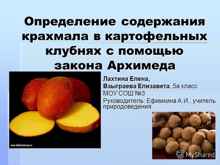 Определение содержания крахмала в картофельных клубнях с помощью закона Архимеда Лахтина Елена, Взыграева Елизавета, 5 а класс МОУ СОШ 3 Руководитель: