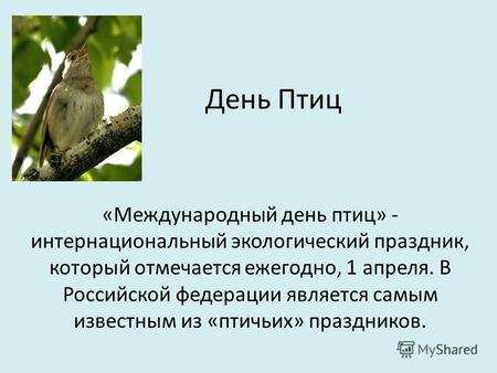 День Птиц «Международный день птиц» - интернациональный экологический праздник, который отмечается ежегодно, 1 апреля. В Российской федерации является.