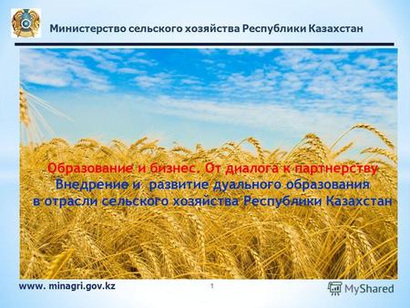 Министерство сельского хозяйства Республики Казахстан www. minagri.gov.kz 1 Образование и бизнес. От диалога к партнерству Внедрение и развитие дуального.