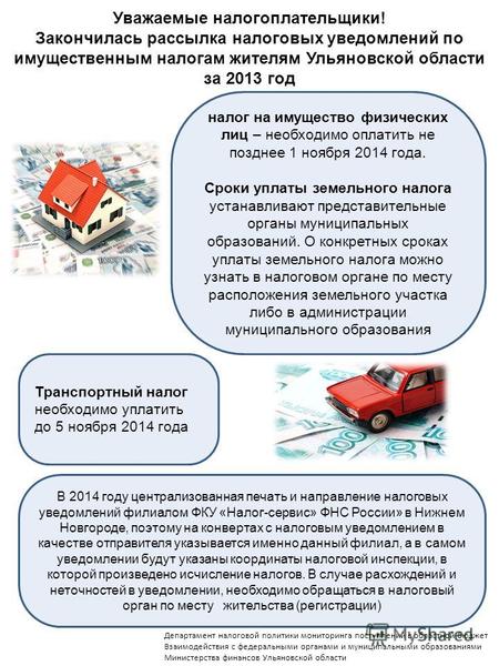 В 2014 году централизованная печать и направление налоговых уведомлений филиалом ФКУ «Налог-сервис» ФНС России» в Нижнем Новгороде, поэтому на конвертах.