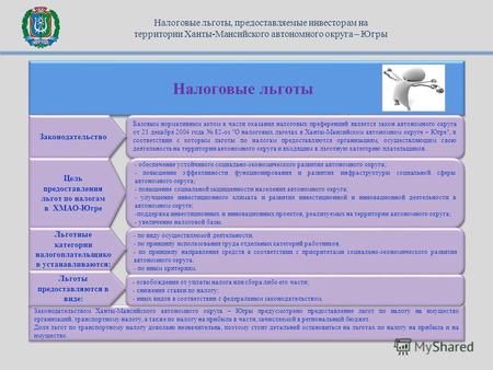 Налоговые льготы Законодательством Ханты-Мансийского автономного округа – Югры предусмотрено предоставление льгот по налогу на имущество организаций, транспортному.