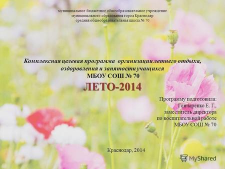 ЛЕТО-2014 муниципальное бюджетное общеобразовательное учреждение муниципального образования город Краснодар средняя общеобразовательная школа 70 Комплексная.