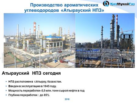 YOUR LOGO Атырауский НПЗ сегодня НПЗ расположен в г.Атырау, Казахстан. Введен в эксплуатацию в 1945 году. Мощность переработки–5,5 млн. тонн сырой нефти.